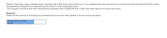 Westan Corporation uses a predetermined overhead rate of $23.30 per direct labor-hour. This predetermined rate was based on a