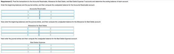 Requirement 2. Post the transactions to the Accounts Receivable, Allowance for Bad Debts, and Bad Debts Expense T-accounts an