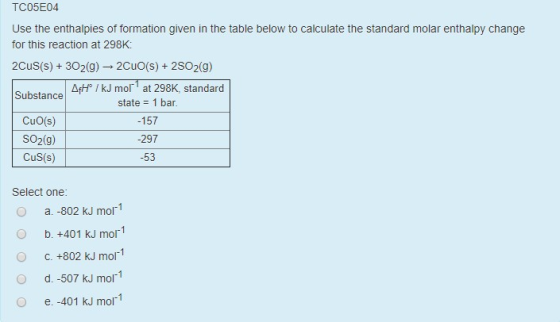 TC05E04 Use the enthalpies of formation given in the table below to calculate the standard molar enthalpy change for this rea
