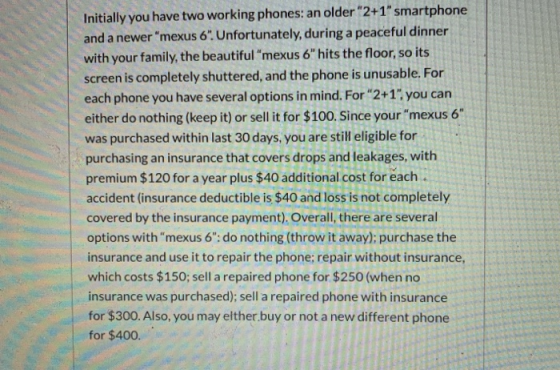 Initially you have two working phones: an older 2+1 smartphone and a newer mexus 6. Unfortunately, during a peaceful dinn