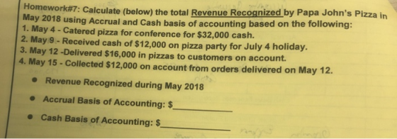 Homework#7: Calculate (below) the total Revenue Recognized by Papa Johns Pizza in May 2018 using Accrual and Cash basis of a