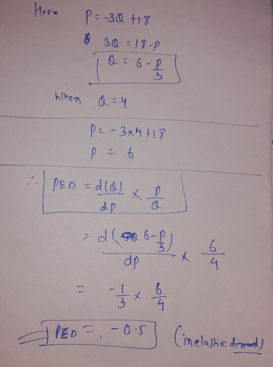 Here P = -30 to 0 30 ²18-8 Q = 6-P When a=4 P2 - 3x4 +18 in 6 PED = d (d) + b de do 6-f) dpt 4 PED = -0.5] Cinelastic demand)
