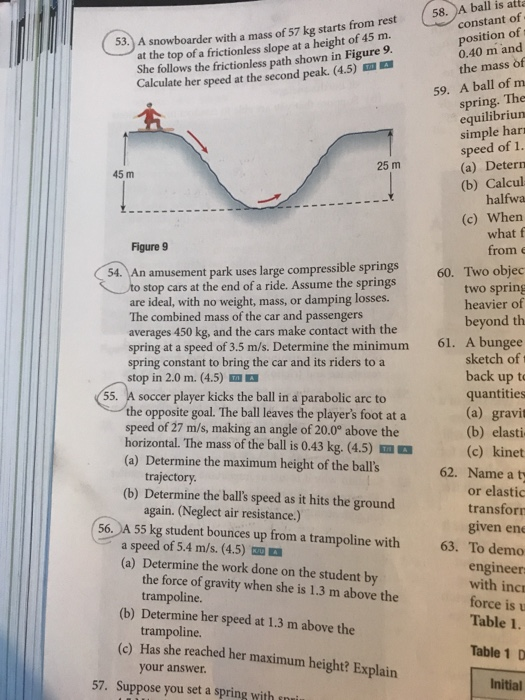 ball is atta 58. position of 0.40 m and at the top of a frictionless slope at a height of 45 m. She follows the frictionless path shown in Figure 9 Calculate her speed at the second peak. (4.5) 53.) A snowboarder with a mass of 57 kg starts from rest the mass of 59. A ball of m equilibriurn simple har 25 m (a) Detern 45 m (b) Calcul halfwa (c) Whern what f frome Figure 9 Two objec two spring heavier of beyond th 54. An amusement park uses large compressible springs 60. o stop cars at the end of a ride. Assume the springs are ideal, with no weight, mass, or damping losses. The combined mass of the car and passengers averages 450 kg, and the cars make contact with the spring at a speed of 3.5 m/s. Determine the minimum spring constant to bring the car and its riders to a stop in 2.0 m. (4.5) m A bungee sketch oft 61. back up to quantities (a) gravit (b) elasti (c) kinet 62. Name a ty or elastic transforr 55. A soccer player kicks the ball in a parabolic arc to the opposite goal. The ball leaves the players foot at a speed of 27 m/s, making an angle of 20.0° above the horizontal. The mass of the ball is 0.43 kg. (4.5) a (a) Determine the maximum height of the balls trajectory (b) Determine the balls speed as it hits the ground again. (Neglect air resistance.) ven ene S6. A 55 kg student bounces up from a trampoline with 63. To demeo a speed of 5.4 m/s. (4.5) N (a) Determine the work done on the student by (b) Determine her speed at 1.3 m above the (c) Has she reached her maximum height? Explain engineer with incr force is u Table 1. the force of gravity when she is 1.3 m above the trampoline trampoline your answer Table 1 D 57. Suppose you set a spring with snui Initial