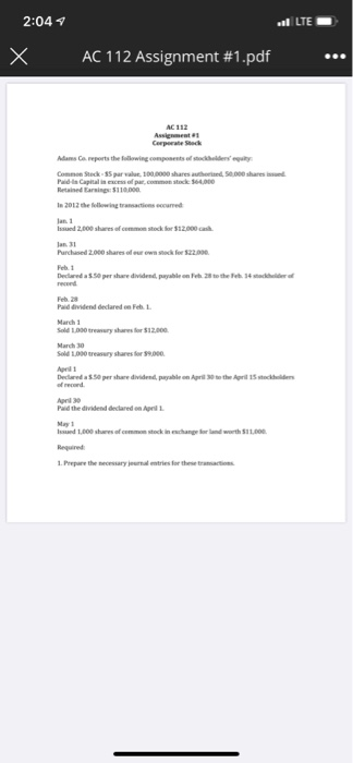 al LTE 2:04 X AC 112 Assignment #1.pdf ... AC 112 Ausi Punde 2.000 shared 2 Padded card So r ry for $12.00 S t reasury shares