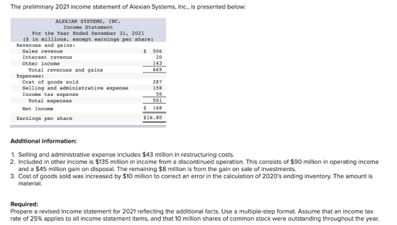 The preliminary 2021 income statement of Alexian Systems, Inc., is presented below: 20 ALEXIAN SYSTEMS, INC. Income Statement