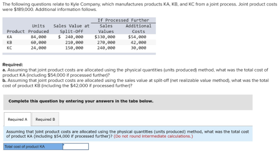 The following questions relate to Kyle Company, which manufactures products KA, KB, and KC from a joint process. Joint produc