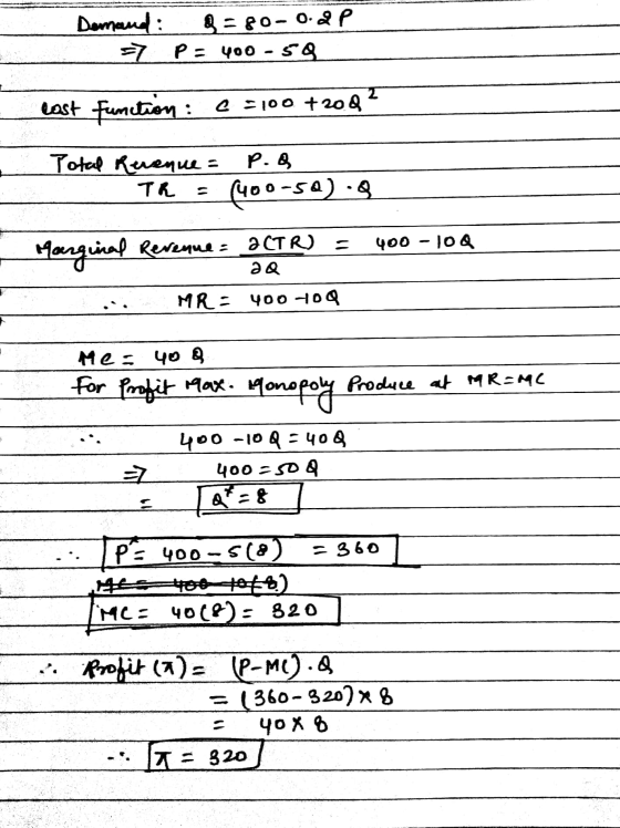 =80-0.ap Domand: 7 P = 400 - 59 2 P. last function : C 5100 +208 Total Revenue = Th (400-52):9 Marginal Revenue = aCTR) 400 -