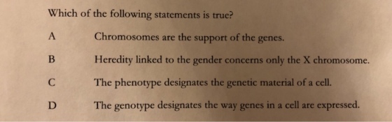Which of the following statements is true? Chromosomes are the support of the genes. Heredity linked to the gender concerns only the X chromosome. The phenotype designates the genetic material of a cell. D The genotype designates the way genes in a cell are expressed.