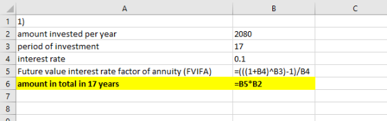 2 amount invested per year 2080 17 0.1 4 interest rate 5 Future value interest rate factor of annuity (FVIFA) (+B4)B3)-1/4 6 amount in total in 17 years B5 B2