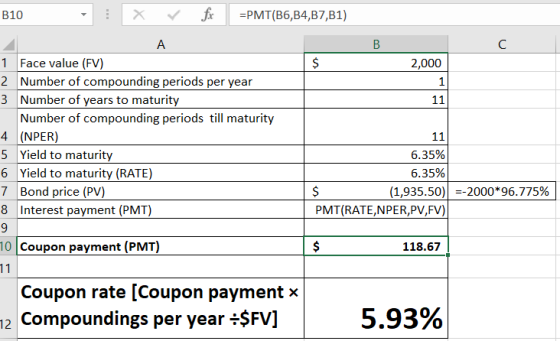 B10 : x V for =PMT(B6,84,87,B1) B 2,000 1 1 Face value (FV) 2 Number of compounding periods per year 3 Number of years to mat