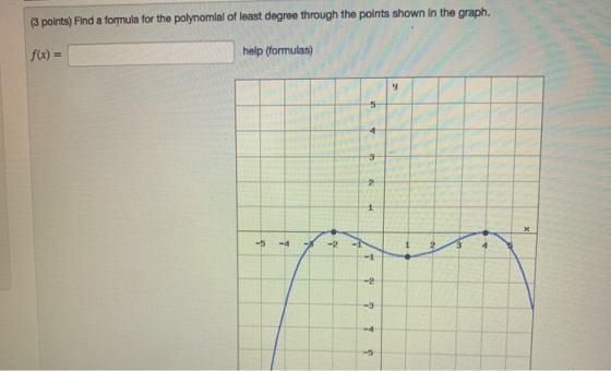 (3 points) Find a formula for the polynomial of least degree through the points shown in the graph. f(x) = help (formulas) -