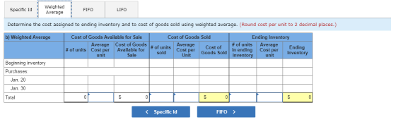 Specific Id Weighted Average FIFO LIFO Determine the cost assigned to ending inventory and to cost of goods sold using weight