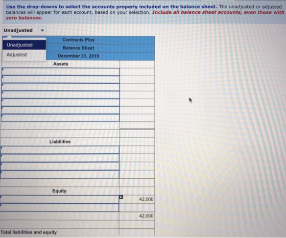 Use the drop-downs to select the accounts properly included on the balance sheet. The unadjusted or adjusted balances will ap