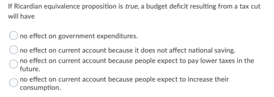 If Ricardian equivalence proposition is true, a budget deficit resulting from a tax cut will have Ono effect on government ex