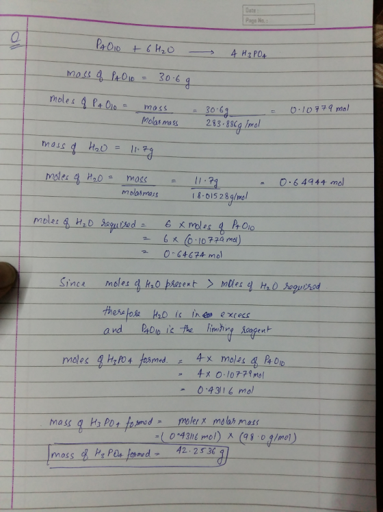 ate Page No. le-= 30-6 mass 30 61 molas m s 283.88 msl Tp O. 6 4944 mol 8015 28m 610724 mel) 064674 mol ュ Ince moles thess -0 4316 mol 0 436 pmol)(980/m) moss