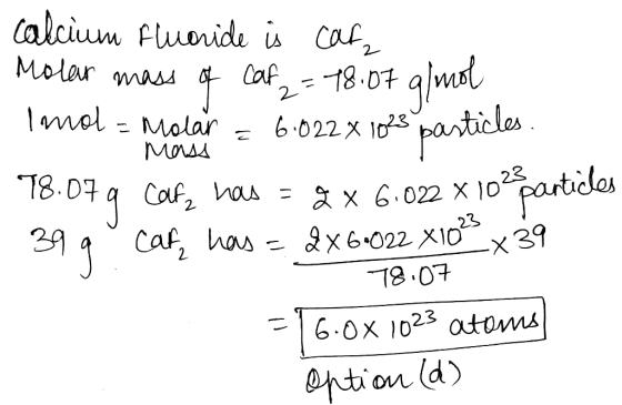 Marss o calcium fluoride is caufa Molar mass of Caf = 18.07 g/mol Imol = Molar = 6:022 x 1823 pasticles 78.079 Cof, has = q x