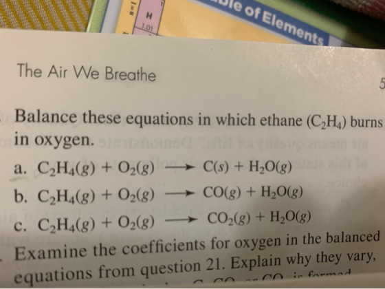 Wle of Elements 888 299 $999999999 The Air We Breathe Balance these equations in which ethane (C2H4) burns in oxygen. a. C2H4