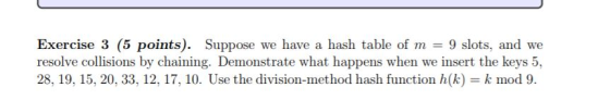 Exercise 3 (5 points). Suppose we have a hash table of m = 9 slots, and we resolve collisions by chaining. Demonstrate what happens when we insert the keys 5, 28, 19, 15, 20, 33, 12, 17, 10. Use the division-method hash function h (k) = k mod 9.