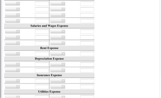 Salaries and Wages Expense Rent Expense Depreciation Expense Insurance Expense Utilities Expense
