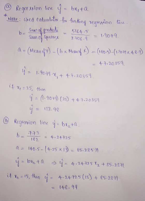 @Regression line ý = bxta. * Note: uned caluulator for finding regression lure. Sum of producte - 5164.5 Sum of squares 2700