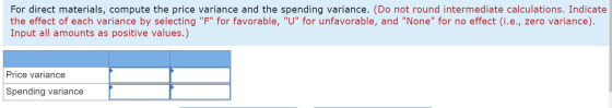 For direct materials, compute the price variance and the spending variance. (Do not round intermediate calculations. Indicate