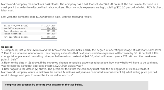 Northwood Company manufactures basketballs. The company has a ball that sells for $42. At present, the ball is manufactured i