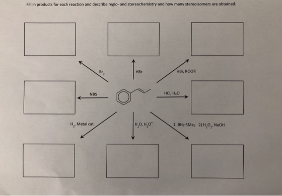 Fill in products for each reaction and describe regio- and stereochemistry and how many stereoisomers are obtained. HB, ROOR