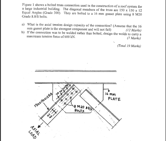 Figure 1 shows a bolted truss connection used in the construction of a roof system for a large industrial building. The diago