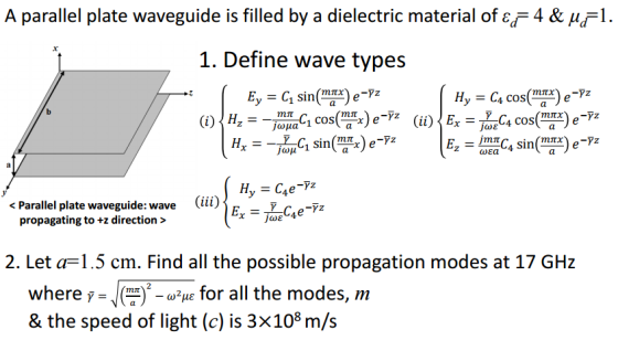 A parallel plate waveguide is filled by a dielectric material of EF 4 & ul. 1. Define wave types mit C sin(max) e-72 (i) Hz j