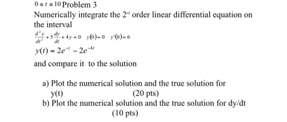 Osts 10 Problem 3 Numerically integrate the 2nd order linear differential equation on the interval y(t) = 2e - 2e-41 and com