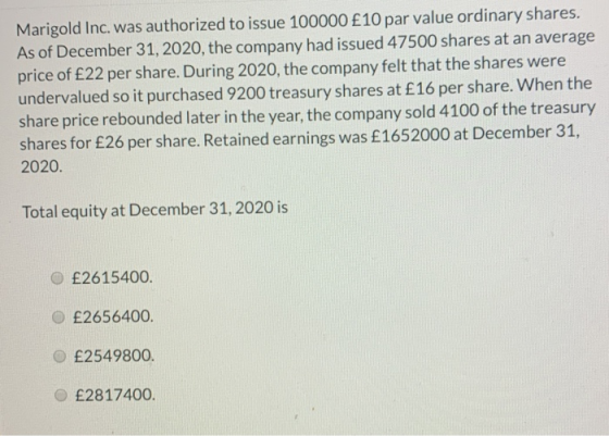 Marigold Inc. was authorized to issue 100000 £10 par value ordinary shares. As of December 31, 2020, the company had issued 4