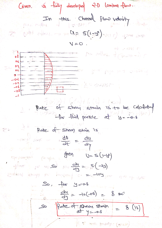 Ciren. á fully developed 20 laminan flow.. . In this Channel flow velocity tertank 4= 5(1-43). ) - MS V=O. 2 -0-2 -004 3. is