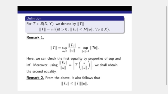 Definition For Te B(X, Y), we denote by || T || || | || = inf{M > 0: || Tu|| < M || ||, Vu € X}. Remark 1. uto || ull || Tull