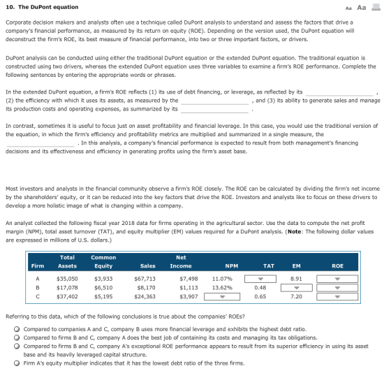 10. The DuPont equation Aa Aa E Corporate decision makers and analysts often use a technique called DuPont analysis to unders