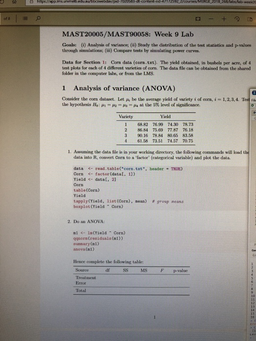 MAST20005/MAST90058: Week 9 Lab Goals: (i) Analysis of variance, (i) Study the distribution of the test statistics and p-values through simulations; (ii) Compare tests by simulating power curves. Data for Section 1: Corn data (corn.txt). The yield obtained, in bushels per acre, of 4 test plots for each of 4 different varieties of corn. The data file can be obtained from the shared folder in the computer labs, or from the LMS. 1 Analysis of variance (ANOVA) Consider the corn dataset. Let g, be the average yield of variety i of corn, i 1,2,3,4. Test Fa the hypothesis Ho: μ.-AT AT μ4 at the 5% level of significance. Variety Yield 168.82 76.9974.30 78.73 286.84 75.69 77.87 76.18 390.16 78.84 80.65 83.58 61.58 73.51 74.57 70.75 1. Assuming the data file is in your working directory, the following commands will load the data into R, covert Corn to a Eictor (categorical variable) and plot the data data <-read.table (corn. trt, header TRUE) Corn 3- factor (datal. n) Yield KH data2 Corn table(Corn) Yield tapply(Yield, list (Corn), nean) # group means boxplot (Yield n Corn) 2. Do an ANOVA: ni 1(Yield Corn) ggnormCresiduals (ni)) summary (at) anova (n1) Hence complete the following table: Source SSMSFp-value Treatiment Error Total 12