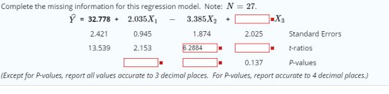 Complete the missing information for this regression model. Note: N = 27. Y = 32.778 + 2.035X - 3.385X2 + D *X3 2.421 0.945 1