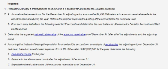 Required: 1. Record the January 1 credit balance of $54,200 in a T account for Allowance for Doubtful Accounts. 2. A. Journal
