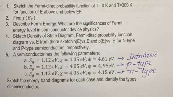 1. Sketch the Fermi-dirac probability function at T= 0 K and T=300 K for function of E above and below EF. 2. Find (EP) 3. De