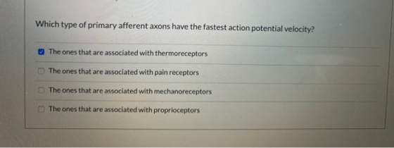 Which type of primary afferent axons have the fastest action potential velocity? The ones that are associated with thermorece
