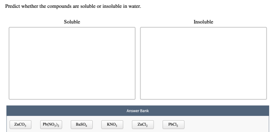 Predict whether the compounds are soluble or insoluble in water. Soluble Insoluble Answer Bank Znco; PbNO3)2 BaSO KNO; Zncl,
