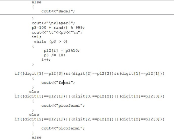 else coutくくBagel; cout<< \ nPlayer 3; ps-100 + rand () % 999; cout<<\t<<p3<<\n; i=1; while (p3 0) p12 [1] = p3$10; p3