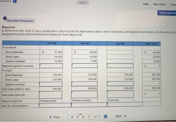 omework Help Save & Exit Subr Check my wort Required information Required: 1. Determine the total of each production cost inc