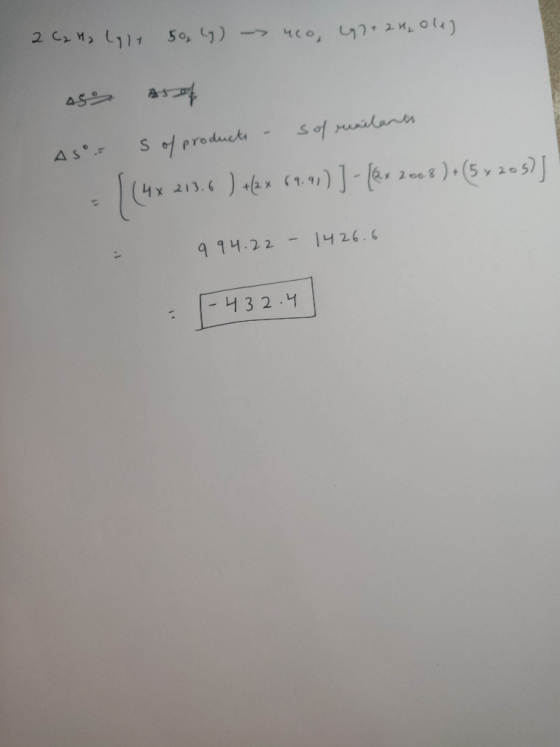 2 C₂ H₂ Lylt 50, (y) - 4co, 7+24₂04) A55 AS Asof S of products - sof reailants (4x213.6 ) #2* 51.417 ] - (2x 200 8 ) + (5 x 2