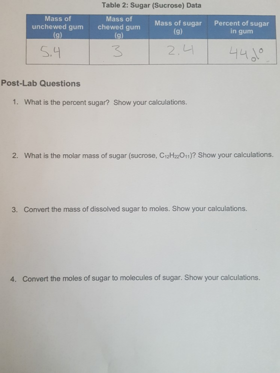 Table 2: Sugar (Sucrose) Data Mass of unchewed gum (g) Mass of chewed gum (g) Mass of sugar (g) Percent of sugar in gum 5.4 3