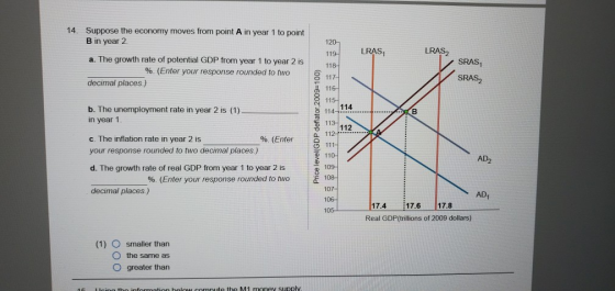 14. Suppose the economy moves from point A in year 1 to point B in year 2 120 119- LRAS LRAS SRAS, 118 a. The growth rate of