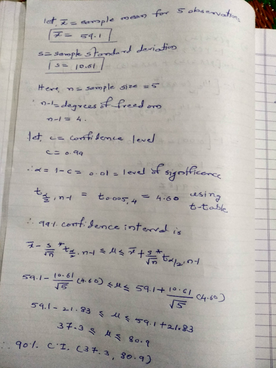 let. Ze sample mean for S obserunt - 54.17 s-sample standard deviation 1 s= 10.61 Here, na sample size = 5 0-1 degrees of fre