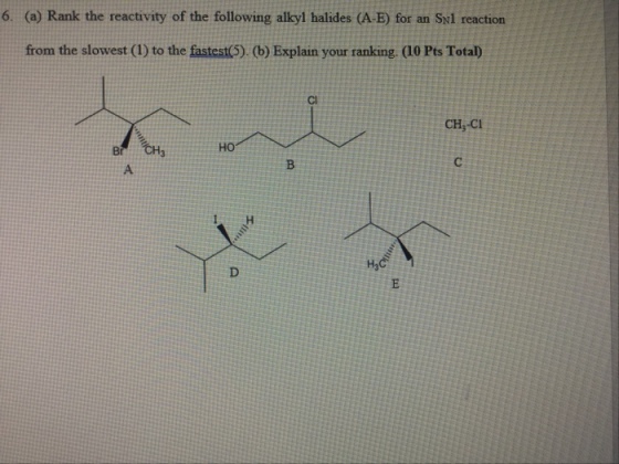 6. (a) Rank the reactivity of the following alkyl halides (A-E) for an Syl reaction from the slowest (1) to the fastest(5) (b) Explain your ranking, (10 Pts Total) Cl CH3-Cl CH3 H,C