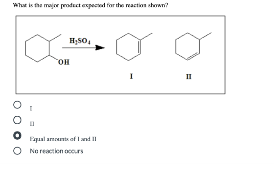 What is the major product expected for the reaction shown? H2SO4 ОН OOOO Equal amounts of I and II No reaction occurs