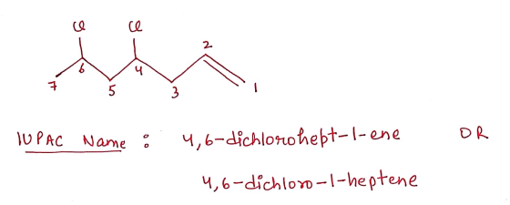 TUPAC Name : ne 4,6-dichlorohept-l-ene or 4,6-dichloro-1-heptene