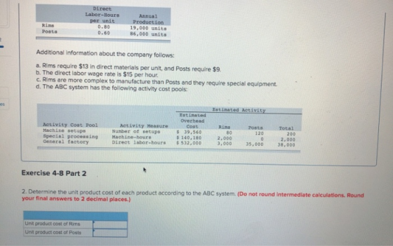 Direct Labor-Hours per unit 0.80 0.60 Rims Posts Annual Production 19,000 units 86,000 units Additional Information about the